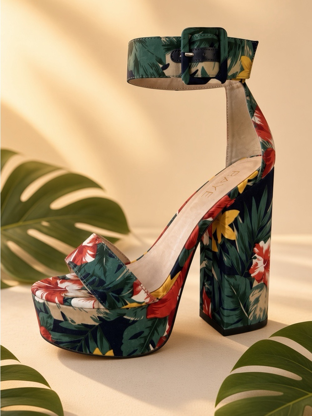 RAYE - Navy Vibrant Tropical Hibiscus Platform Sandals. Size 8 - Picture 9 of 9